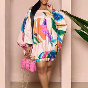 PLUS SIZE TROPICAL PRINT OFF THE SHOULDER CASUAL DRESS